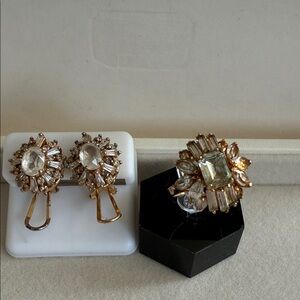 Vintage 90s Spain Gold Tone Rhinestone Statement Set Earrings + Ring